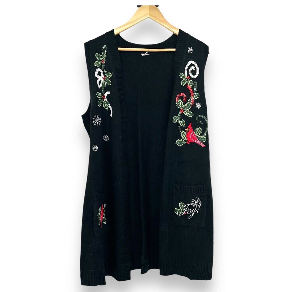 Unbranded Open Cardigan Vest Christmas Embroidered Black Cardinals Women's M